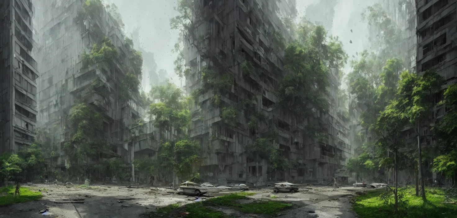 Image similar to brutalist architecture by Le Corbusier, abandoned derelict buildings, damaged structures, empty streetscapes, surrounded by lush green vegetation, volumetric lighting, digital painting, highly detailed, artstation, sharp focus, illustration, concept art, ruan jia, steve mccurry, amazing composition