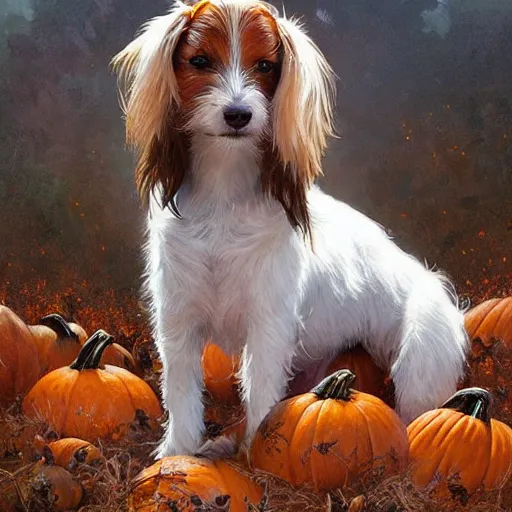 Prompt: a very cute scruffy long haired jack russell terrier puppy, white with brown spots and a brown patch over each eye, amidst piles of pumpkins. halloween autumn fall art. beautiful painting by artgerm and greg rutkowski and alphonse mucha