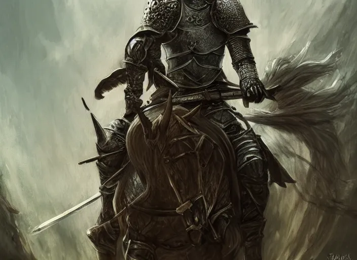 Image similar to knight on horseback, fantasy art, very detailed, beautiful, dark souls, lush landscape, trending on artstation, pixiv