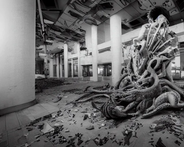 Image similar to camera footage of a extremely aggressive Giant mutated Octopus with glowing white eyes in an abandoned shopping mall, Psychic Mind flayer, Terrifying :7 , high exposure, dark, monochrome, camera, grainy, CCTV, security camera footage, timestamp, zoomed in, Feral, fish-eye lens, Fast, Radiation Mutated, Nightmare Fuel, Wolf, Evil, Bite, Motion Blur, horrifying, lunging at camera :4 bloody dead body, blood on floors, windows and walls :5