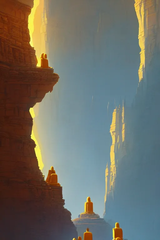 Image similar to ancient indian temple glowing yellow in canyon, monks standing around golden statue, light streaks in the sky, floating planets and moons, dramatic lighting, artstation, matte painting, ralph mcquarrie, simon stalenhag