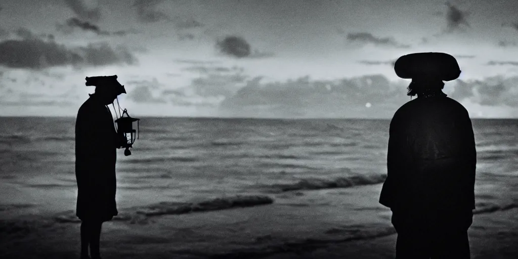 Image similar to film still of closeup old man holding up lantern by his beach hut at night. pirate ship in the ocean by emmanuel lubezki