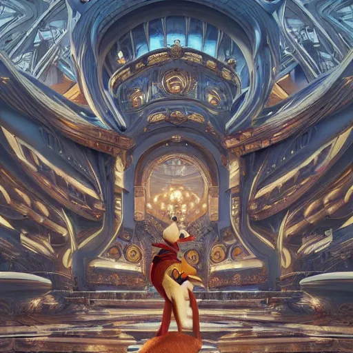 Prompt: ultra realistic illustration of cyborg donald duck, intricate, futuristic persian palace, elegant, alien, highly detailed, digital painting, artstation, concept art, smooth, sharp focus, illustration, art by artgerm and greg rutkowski and alphonse mucha