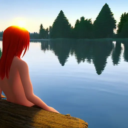 Image similar to redhead elf sitting next to a beautiful lake at dawn, , 8k ultra realistic, award winning, unreal engine 5, masterpiece