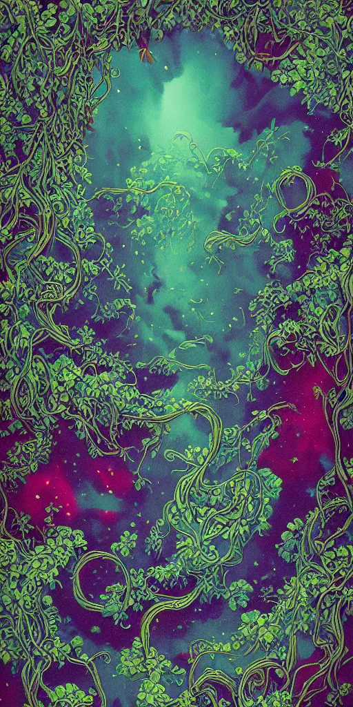 Prompt: liquified 3 d isometric victorian pattern melting, colorful, grainy, risograph, dramatic lighting, flowing, nebula, lush overgrowth, ivy, vines, flowers, trees, birds, city, unreal engine, fog, cosmic