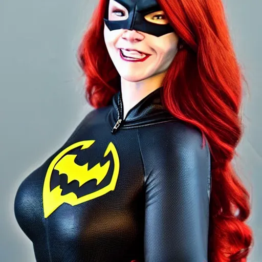 Image similar to Barbara Gordon with her Batgirl mask off gorgeous face and dark red hair with her Superhero outfit half unzipped 8k ultra realistic