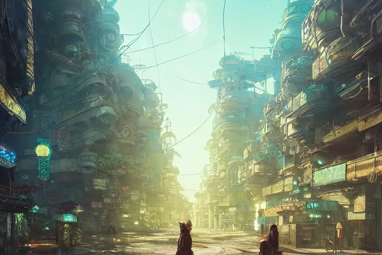 Prompt: A very detailed flower on the street of a very highly detailed solarpunk city art by Greg Rutkowski, neofuturistic highly detailed, digital concept art, Dimensional cyan gold natural light, sharp focus, Golden Ratio illustration, realistic concept art by Stephen Hickman and James Gurney and Hiromasa Ogura Ghost in the Shell rendered in Octane Render