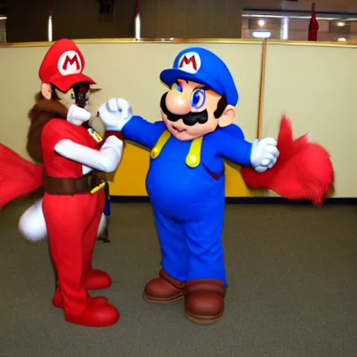 Image similar to super mario at a furry convention, very detailed