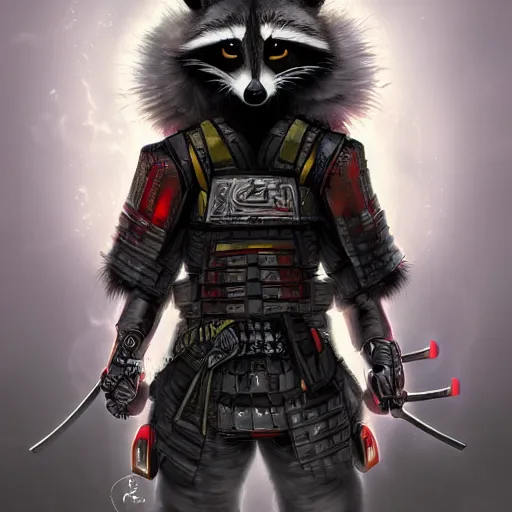 Prompt: Raccoon cyberpunk samurai in a futuristic samurai armor, digital fantasy art, trending on art station, cinematic lighting, sharp and detailed, epic