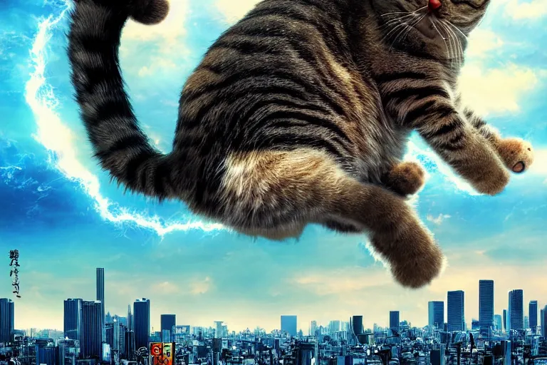 Image similar to cat attacking Tokyo, disaster movie poster, masterpiece, masterwork, cgstudio