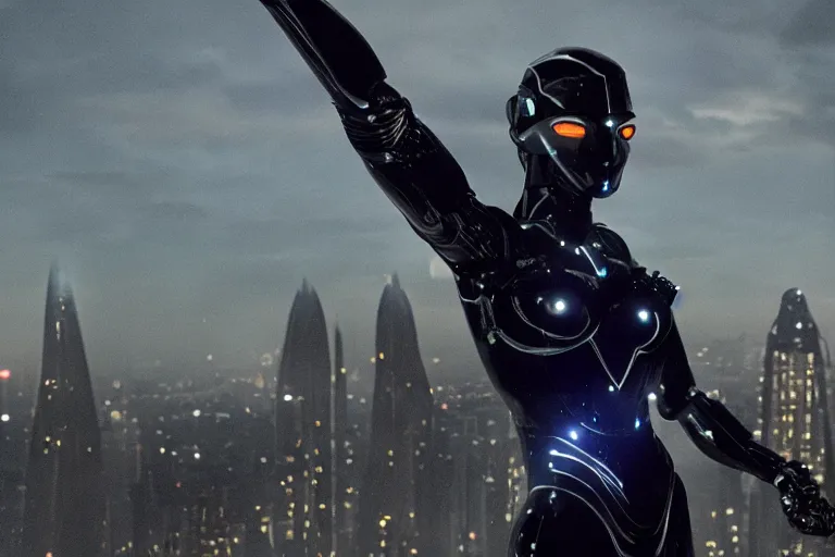 Prompt: VFX movie closeup of a gorgeous futuristic robot woman in black spandex armor in future city, hero pose, beautiful skin, natural city night lighting by Emmanuel Lubezki