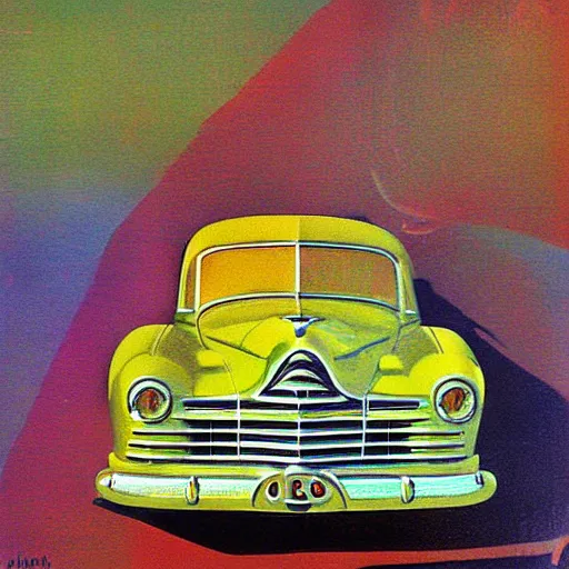 Image similar to impressionist surreal distorted painting of a car from the 4 0 s