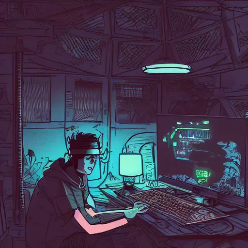 Image similar to in the style of max prentis and deathburger and laurie greasley a young explorer wearing a cyberpunk headpiece playing video games in his treehouse, highly detailed, midnight, 8 k wallpaper