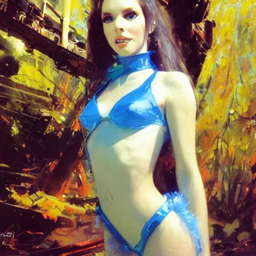 Image similar to amouranth as a tempting princess by john berkey, rule of thirds, seductive look, beautiful, in intergalactic hq