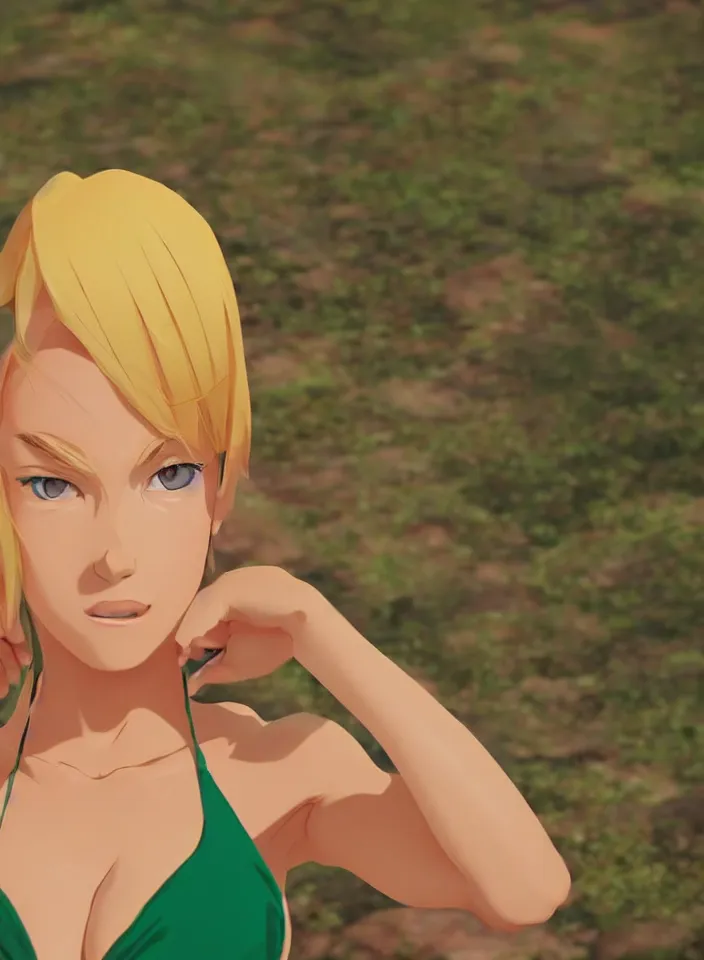 Image similar to beautiful blond woman in orange tribal bikini, blond hair pulled back off the face, green eyes, by makoto shinkai, 8 k, high resolution render, cinematic, unreal engine, clean lineart and flat color,