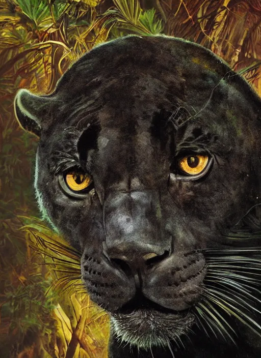 Image similar to a beautiful matte painting portrait of a black jaguar, close up, ayahuasca