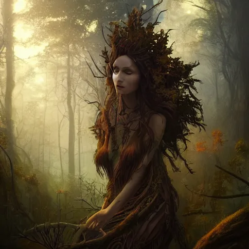 Prompt: cinematic portrait of a, dryad priestess, inspired by brian froud, inspired by dungeons and dragons, in an evening autumn forest, art station, sunset evening lighting, ominous shadows by jessica rossier and greg rutkowski
