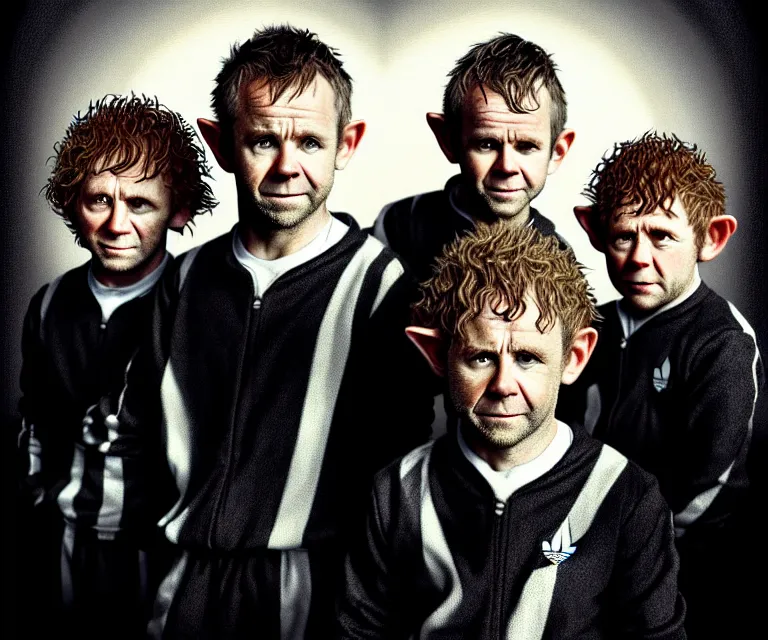 Image similar to a detailed fifty mm portrait of dominic monaghan, billy boyd, sean astin, as hobbits in black adidas track suits with white stripes, headshot, highly detailed, digital painting, artstation, concept art, sharp focus, cinematic lighting, illustration, art by met mangindaan, artgerm and greg rutkowski, alphonse mucha, cgsociety