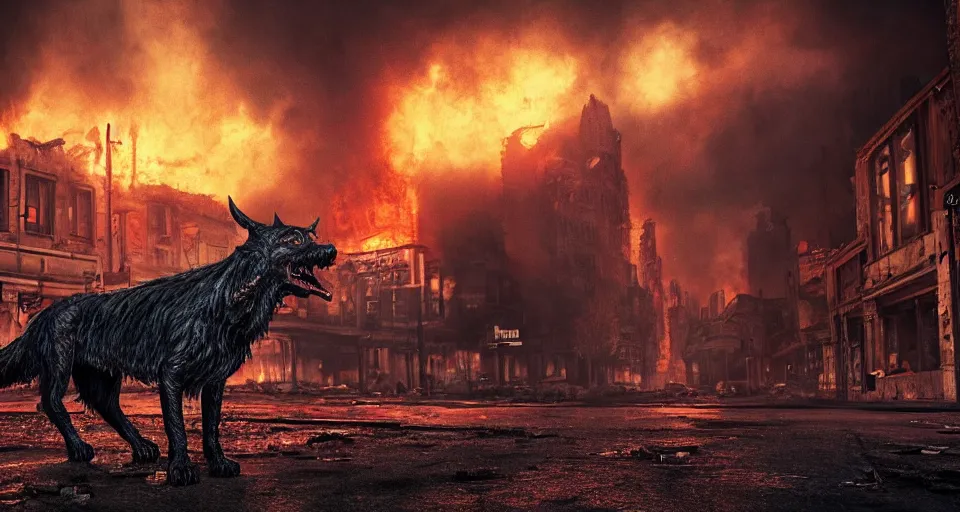 Image similar to A beautiful hyperrealistic ultradetailed matte painting of a demonic Hellhound on fire standing in the middle of city street at night in an abandoned post-apocalyptic city, unreal engine, deviant art, flickr, artstation, octane render, textured, colorful, hyperrealistic, physically based rendering, pbr render, very detailed, volumetric lighting, octane render, 4k, cinematic, 8k resolution,