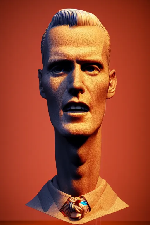 Image similar to vaporwave style sculpture of a Max Headroom, full-length view. intricate artwork by caravaggio. Trending on artstation, octane render, cinematic lighting from the right, hyper realism, octane render, 8k, depth of field, 3D