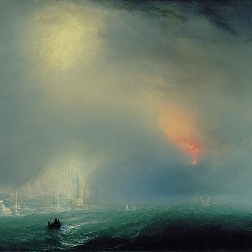 Image similar to a ship burning in the distance during a storm, by william turner, by beksinski, by caspar david friedrich, oil painting, romantism, realism, limited palette