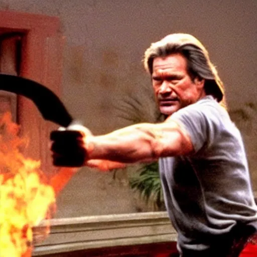 Image similar to cinematic still, Jack Burton throwing a knife at Lo Pan, amazing shot