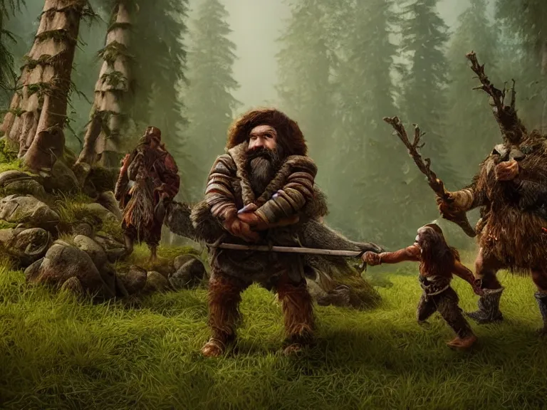 Prompt: Heroic Dwarf woodsmen treading forest with their Companion Raven, RPG Scene, Oil Painting, Trending on Artstation, octane render, Insanely Detailed, 8k, HD