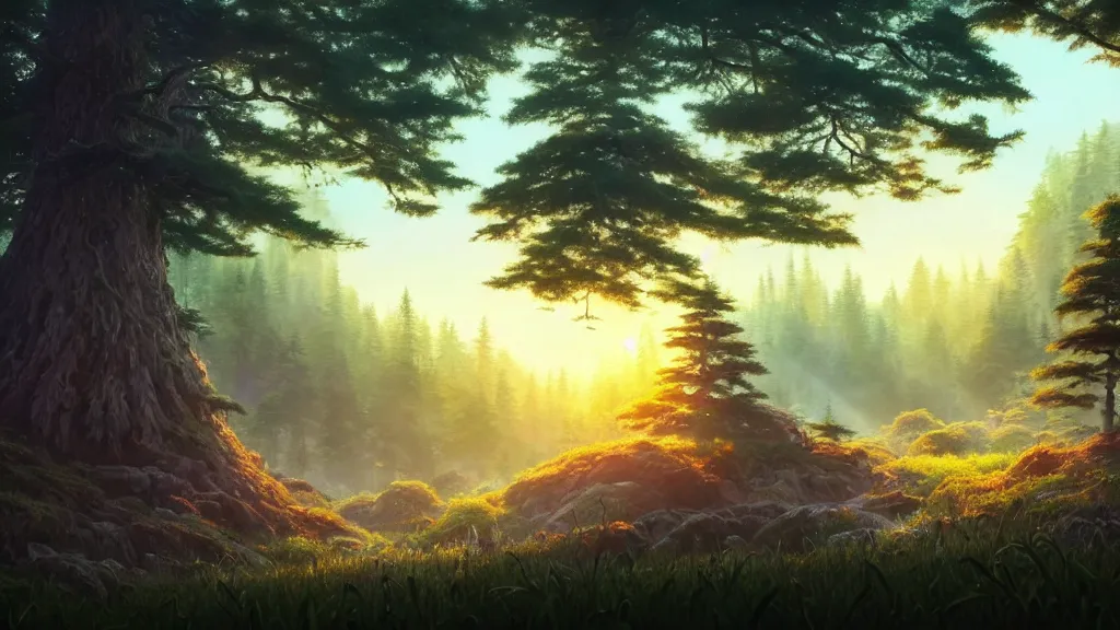 Image similar to forest clearing landscape, sunset, studio ghibli, pixar and disney animation, sharp, rendered in unreal engine 5, highly detailed, digital painting, artstation, concept art, smooth, sharp focus, illustration, wide angle, artbook, wallpaper, splash art, promo art, dramatic lighting, art by artgerm and greg rutkowski and bo chen and jin xiaodi