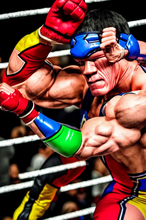 Image similar to john cena wrestling with kamen rider, high resolution, smooth, photorealistic, intricate, face features, body features, photorealistic, smooth, 4 k, aesthetic lighting, baroque object, sharp focus, hyperdetailed object, by : canon eos 5 d mark iv and sigma 7 0 - 2 0 0 mm f / 2. 8 dg os hsm sports