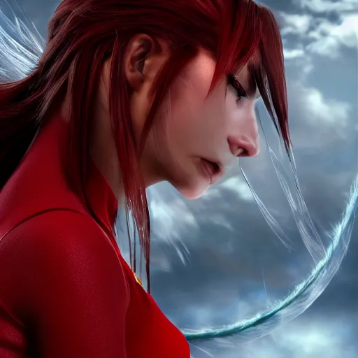 Image similar to epic scene of very attractive final fantasy vii female character, detail face, lovely eyes and detailed lips, with amazing detail red dress, feet in high heels, side view ) ( fighting ) hyper realistic 3 d render, art station, particles, epic scene, mucha, clouds, seductive jump pose, blur focus, action,