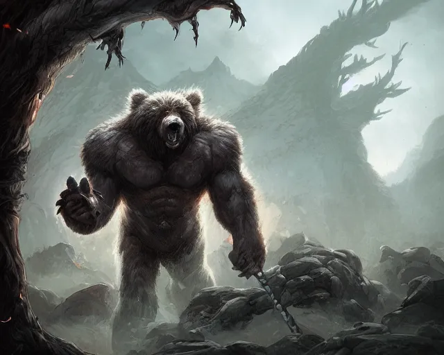 Prompt: muscular werebear barbarian charging through a cobwebs, Jordan Grimmer, Noah Bradley