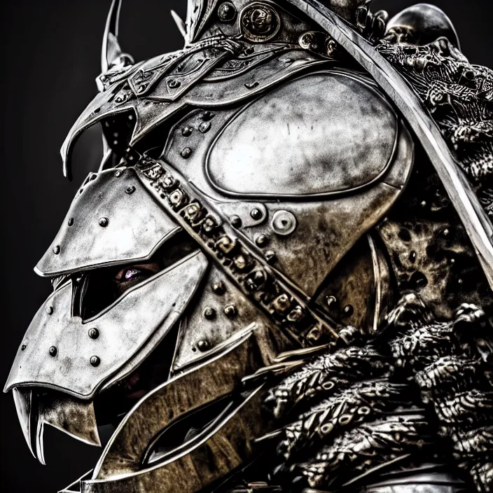 Image similar to photo of a warrior with metal lion themed armour, highly detailed, 4 k, hdr, smooth, sharp focus, high resolution, award - winning photo