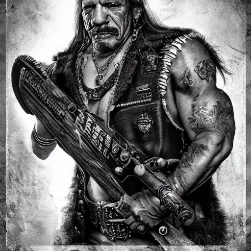 Image similar to Portrait of Danny Trejo, realistic character concept, warhammer fantasy, dark and gritty atmosphere, golden ratio, cinematic lighting, hyperdetailed, high resolution, insanely detailed and intricate, Oscar Soler, trending on artstation