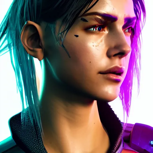 Prompt: headshot of female V from cyberpunk 2077 wearing thick steel choker around neck, 4K, detailed face, collar on neck, realistic, artstation, neon,