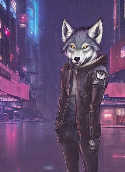 Image similar to character portrait of a male anthro wolf fursona with a tail and a cute beautiful attractive furry face wearing stylish cyberpunk clothes in a cyberpunk city at night while it rains. hidari, color page, tankoban, 4K, tone mapping, Akihiko Yoshida.