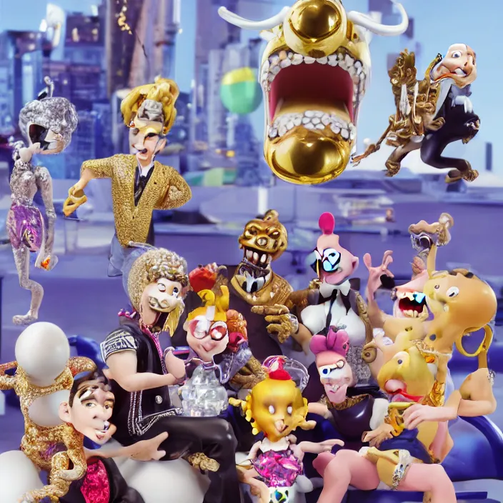 Image similar to jeff koons hip hop bauhaus style street sharks sailor moon wearing diamond grillz and a ton of bussdown iced gold bling in wallace & gromit strata - cut claymation, ultra realistic, concept art, intricate details, serious, highly detailed, photorealistic, octane render, 8 k, unreal engine, art by todd mcfarlane