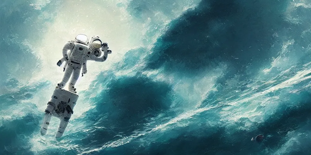 Image similar to an astronaut lost in the ocean,digital art,detailed,ultra realistic,art by greg rutkowski