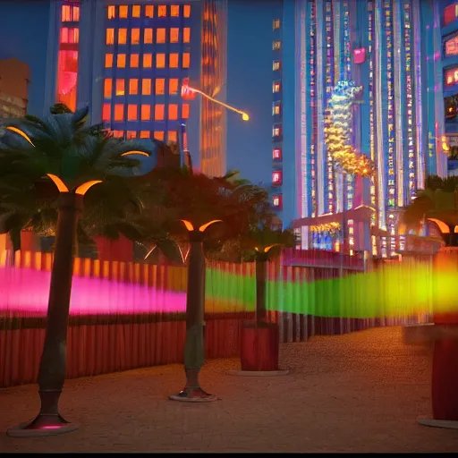 Image similar to Downtown Mexico, string lights, colorful lighting, night, unreal engine 5 tech demo, octane render, by Tooth Wu, by 'Frank Lloyd Wright