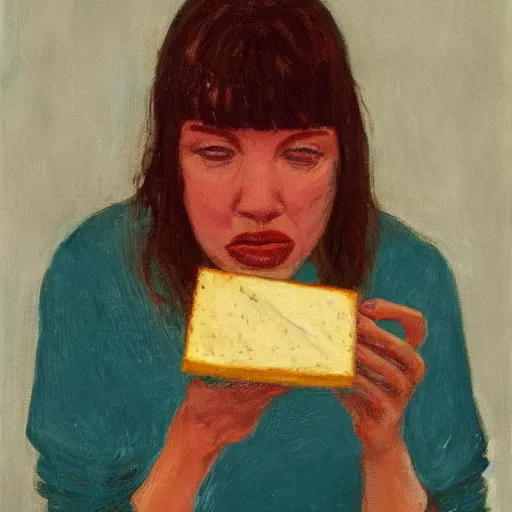 Prompt: a beautiful woman eating cheese, very detailed, 4 k, by peter doig