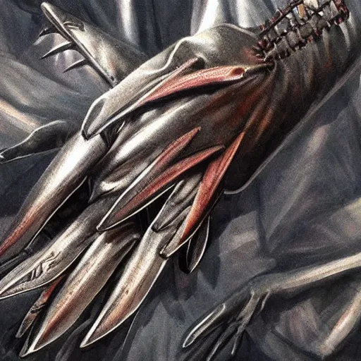 Image similar to gloves with metal claws, old leather gloves with attached talons, pointy fingertips, dark background, highly detailed, 8 k, trending on artstation, mystic, rpg artwork, by peter jackson, by sauron