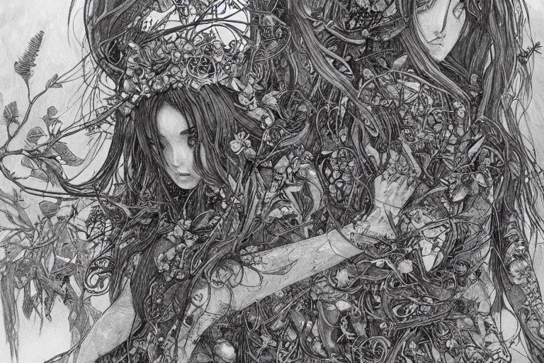 Prompt: fae living in the forest, beautiful, mesmerizing, concept art, intricate linework, detailed and intricate environment, artstation, inspired by monstress, sana takeda