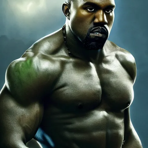 Image similar to Portrait of Kanye West as the Hulk, angry, amazing splashscreen artwork, splash art, head slightly tilted, natural light, elegant, intricate, fantasy, atmospheric lighting, cinematic, matte painting, by Greg rutkowski