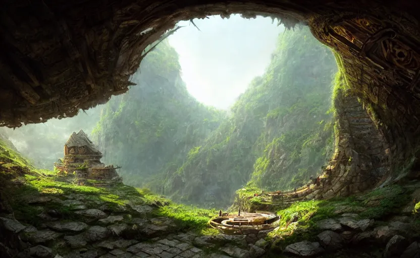 Image similar to worm's eye view of cylindrical living quarters carved inside a mountain, above lush garden and hot spring, well maintained, well lived, fantasy genre, natural light, fantasy, natural light, sharp focus, concept art, by greg rutkowski and craig mullins, cozy atmospheric and cinematic lighting, trending on artstation