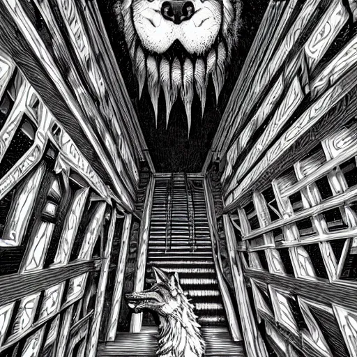 Image similar to a huge howling angry wolf in a huge bright maze of many doorways and lots of stairs, many doorways, inside MC Escher architecture, artstation, Junji Ito, epic composition, detailed background