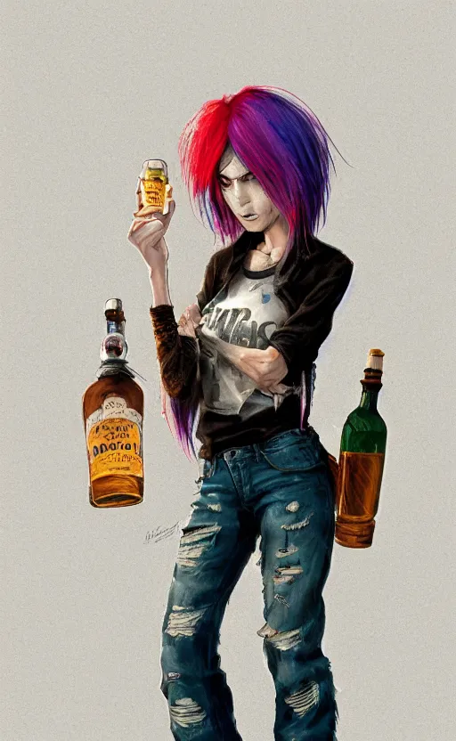 Image similar to a grungy woman with rainbow hair, happy, holding bottle of whiskey, soft eyes and narrow chin, dainty figure, long hair straight down, torn kawaii shirt and baggy jeans, basic white background, In style of by Jordan Grimmer and greg rutkowski, crisp lines and color,