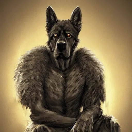 Image similar to a humanoid german shepherd beast - man in military style, sitting on the carpeted floor beside a bed, highly detailed portrait, digital painting, artstation, concept art, smooth, sharp foccus ilustration, artstation