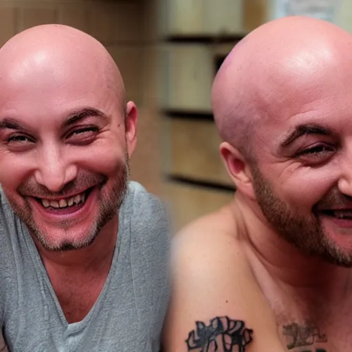 Prompt: a joyous bald man with a tattoo of a pink - haired goddess on his chest