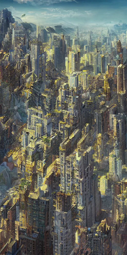 Prompt: a painting of a skyscraper city built into the side of a cliff, a detailed matte painting by wes anderson, morphosis, daniel libeskind, nature meets architecture, cgsociety, fantastic realism, matte painting, terragen, artstation hq