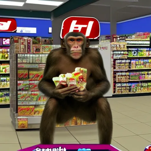 Image similar to A monkey buy some snacks at seven eleven, photorealistic