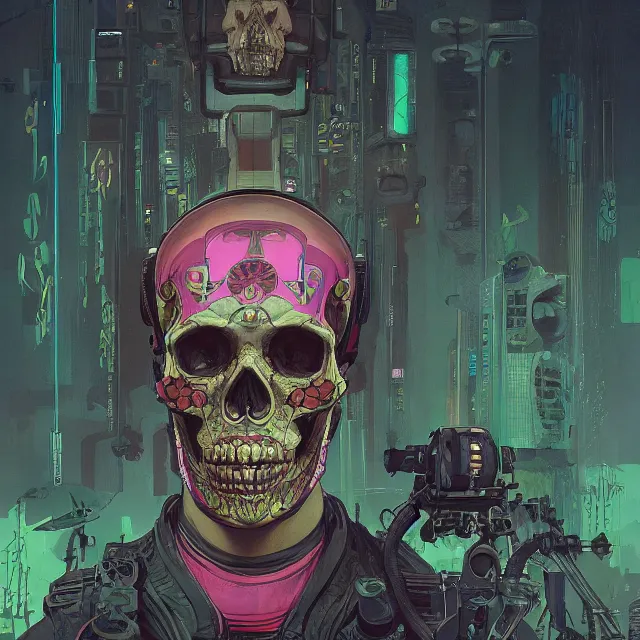 Prompt: a beautiful portrait painting of a ( ( cyberpunk ) ) skull by simon stalenhag and pascal blanche! and alphonse mucha! and nekro!!. in style of digital art. colorful comic, film noirs!, symmetry, hyper detailed. octane render. trending on artstation